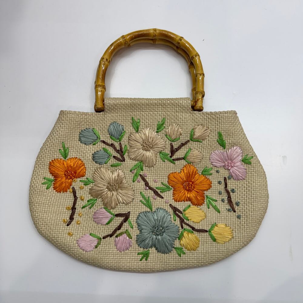 Vintage Y2K 2000s Old Navy Flower Bamboo Top Handle Mini Bag Clutch Woven Boho